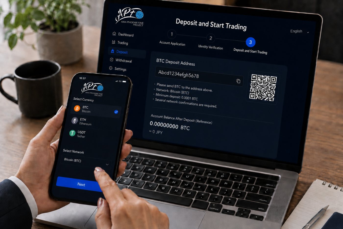 Choosing a currency and network on the deposit screen